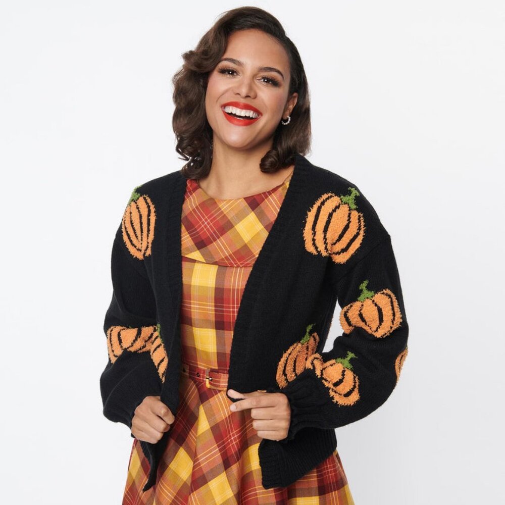 Unique Vintage Magnolia Place Black & Pumpkin Fuzzy Open Cardigan One Size